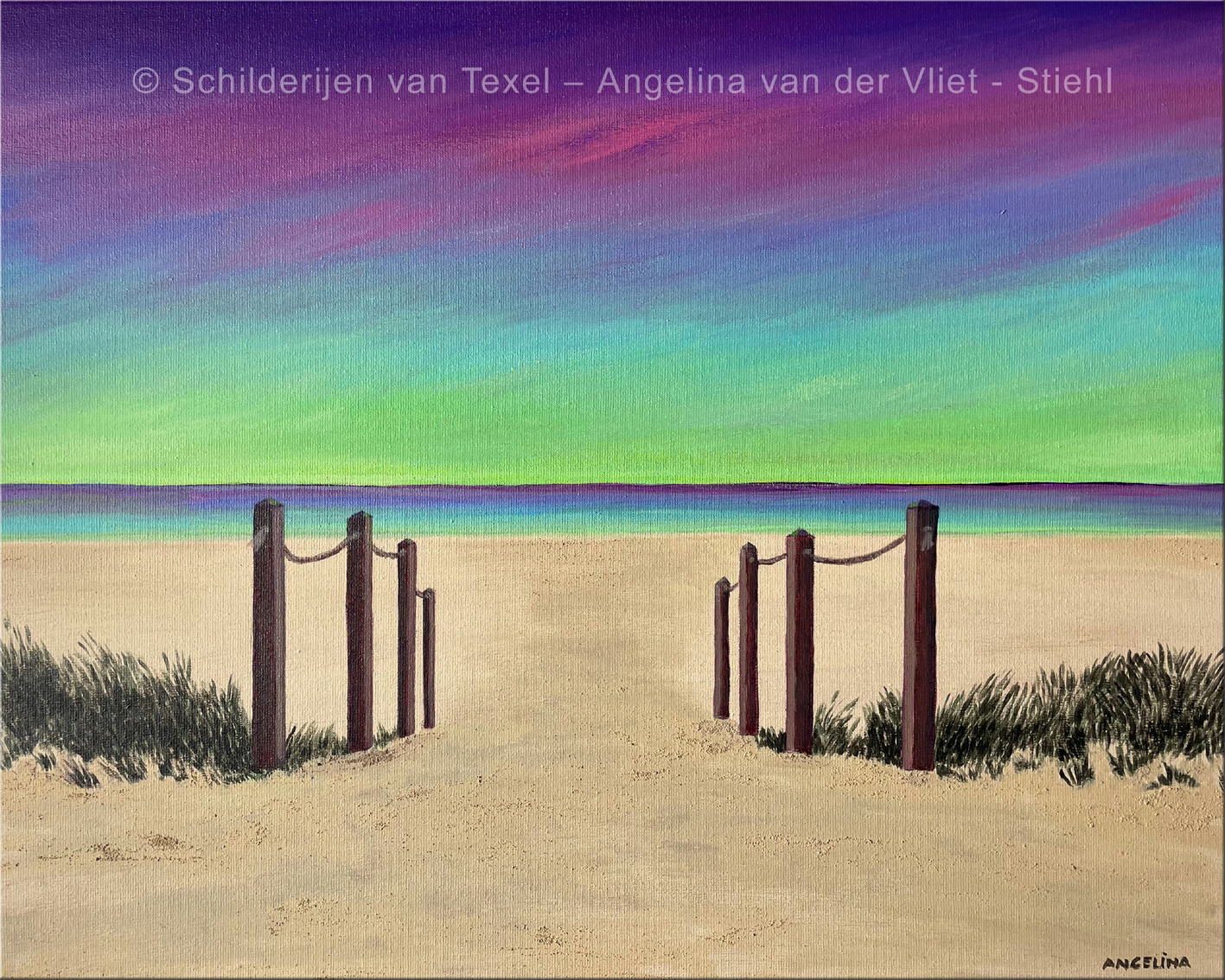 Schilderijen van Texel met de strandopgang Kaap Noord Texel met Noorderlicht door Angelina van der Vliet - Stiehl